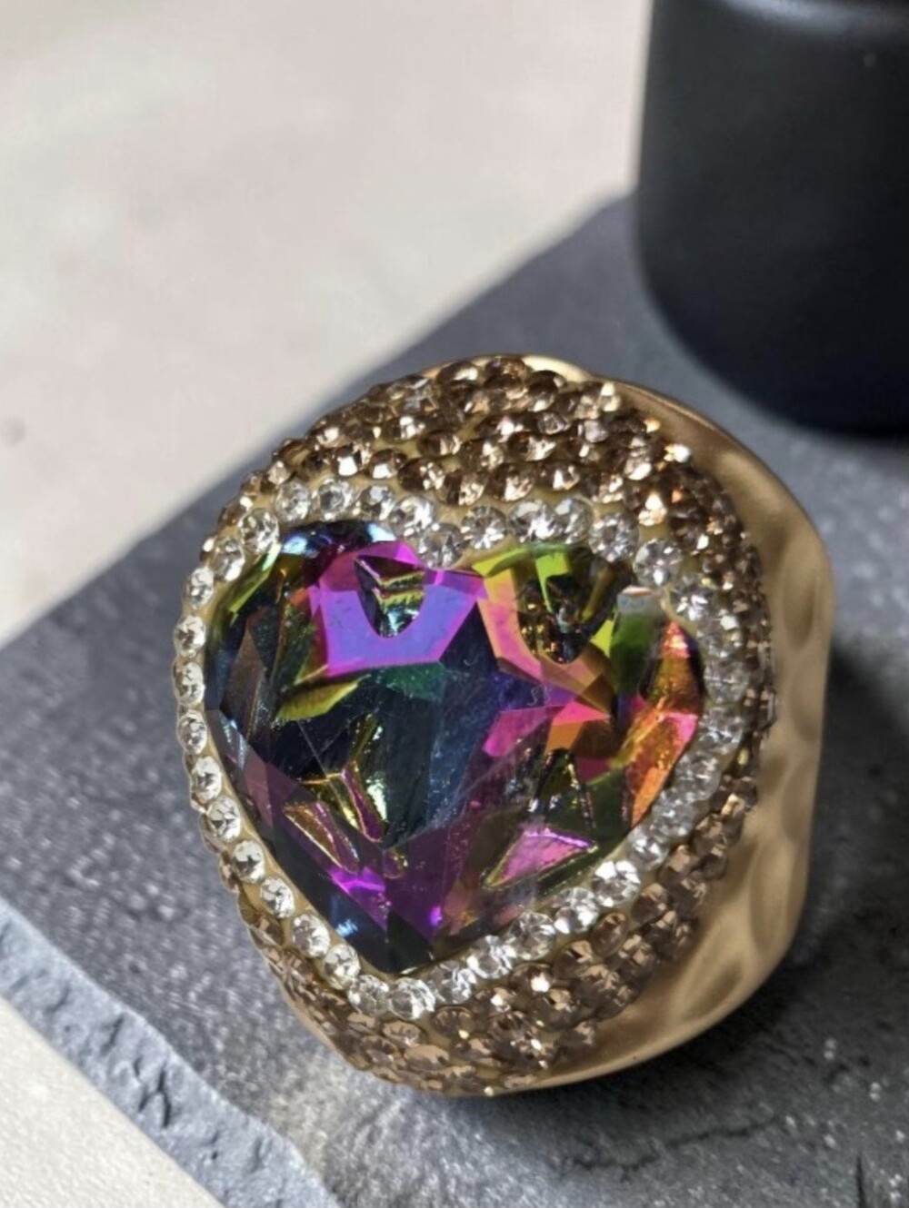 Candy Couture Chunky Gold Hammered AB Volcano Watermelon Heart Crystal Ring